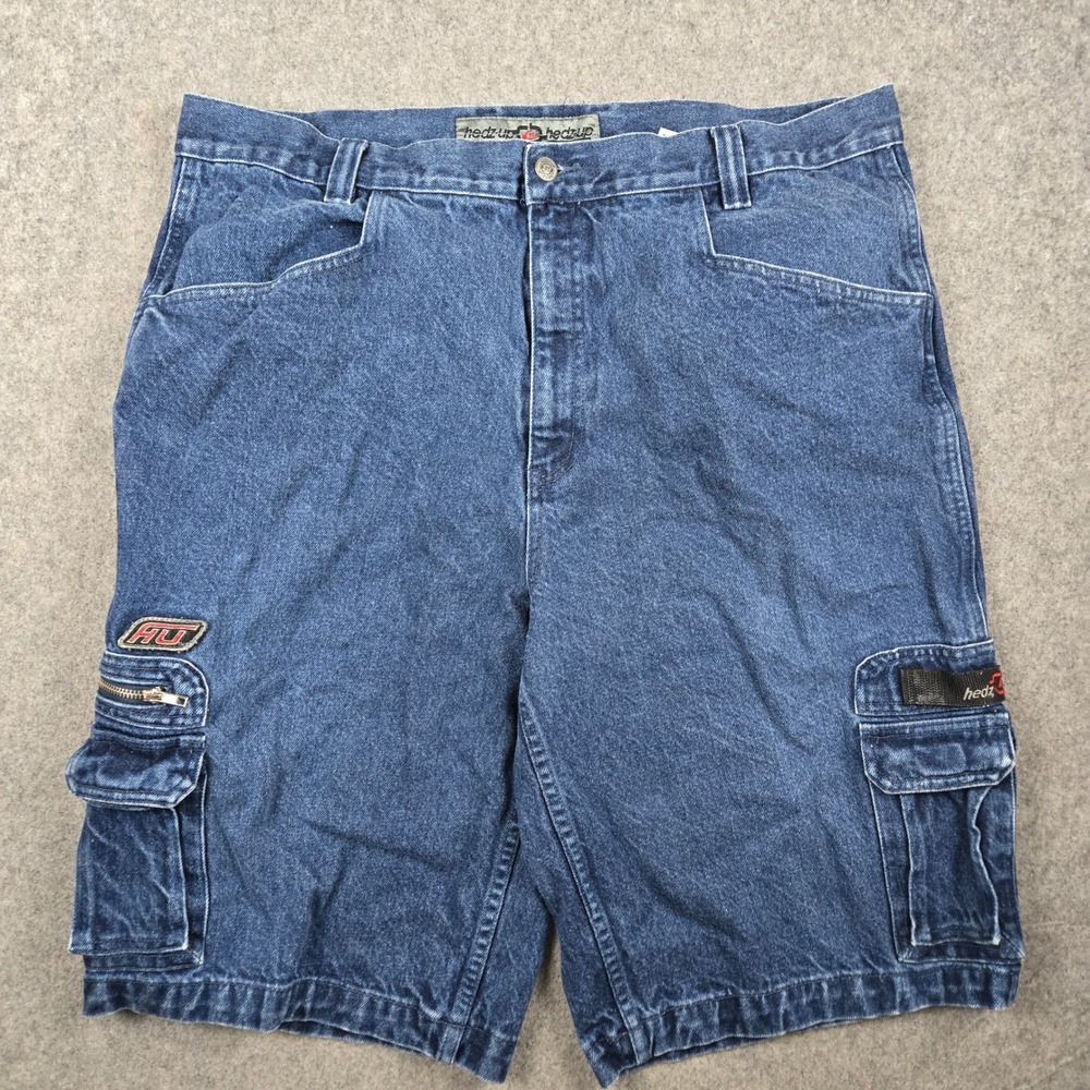 Y2K Hedz Up Denim Cargo Shorts Mens 42 Blue Baggy Skater Streetwear Vintage